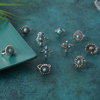 JZ039 Ensemble de bagues cactus turquoise occidental 7 pièces en gros | Bagues empilables vintage du sud-ouest Boho