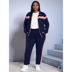 Ensemble de survêtement 2 pièces pour femmes FOXA, taille plus, veste zippée, pantalon de survêtement, couleurs contrastées, bande latérale, vêtements décontractés - Product Image 4