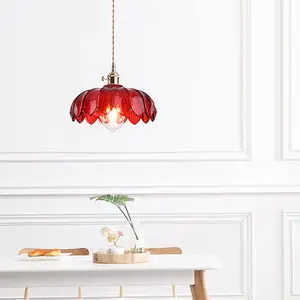 Glass Lotus Pendant Lighting Industrial Vintage Loft Bar Ceiling Hanging Lamp Brass Holder 1-Light Chandelier in Red