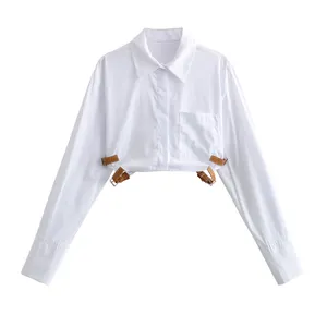 KAOPU ZA Women with belt cropped gabardine shirt vintage lapel-neck button-up long sleeve female blouses chic top