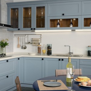 Ensemble d'armoires de cuisine Shaker gris bleu de luxe moderne, armoires de cuisine en MDF laqué sur mesure pour appartement, villa, maison - Product Image 2