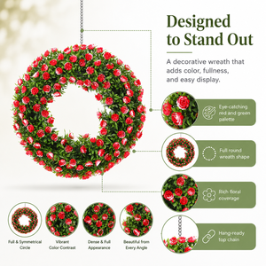 Couronne florale ronde artificielle en roses rouges et blanches pour la décoration de porte d'entrée, murale, pour mariage, Saint-Valentin, fête des mères, intérieur et extérieur - Product Image 2