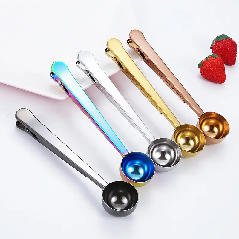 Stainless Steel Gold Plated Coffee Tea Measure Spoon Scoop With Integrated Seal Bag Clip