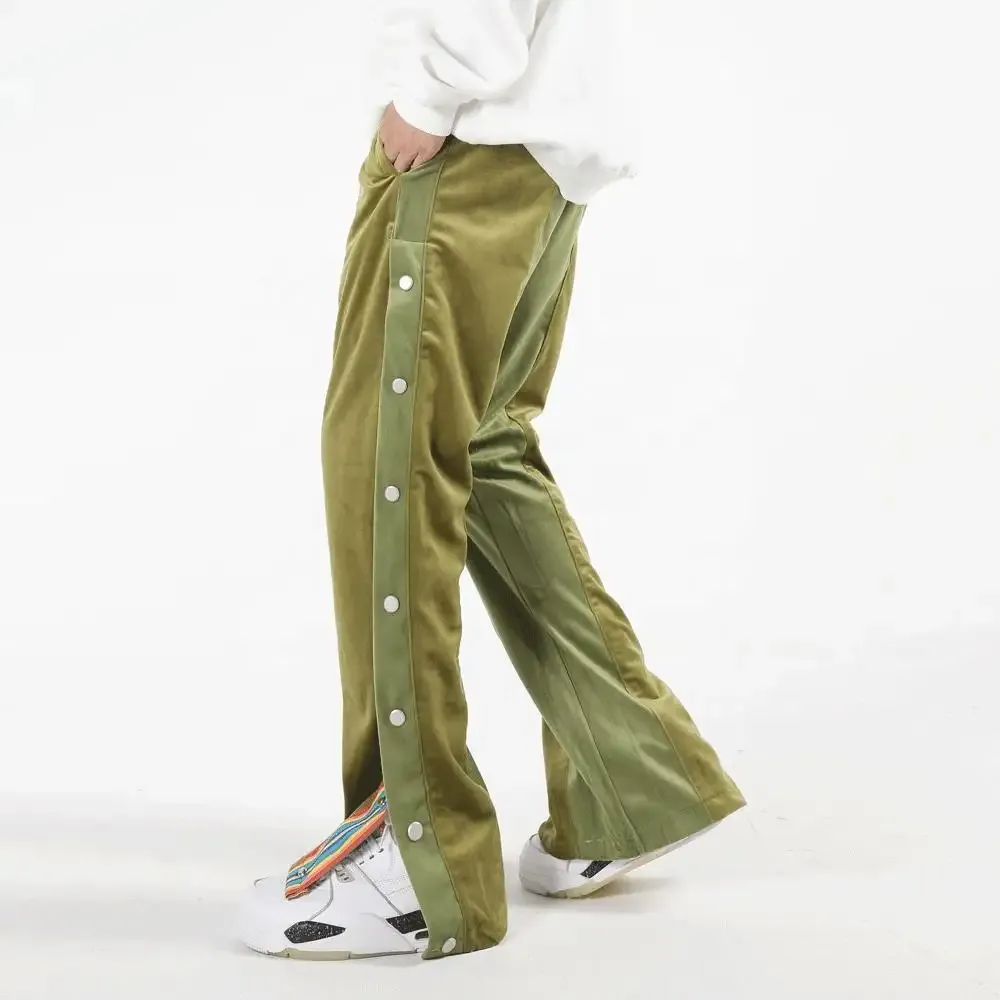 Vintage Pants Stripes Wide Leg Jogger Streetwear Velour Track Sweatpants Full Button Up Velvet Pants For Men