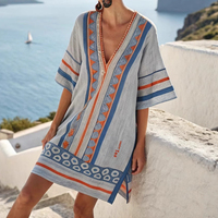 Robe Tunique Bohème Ethnique à Rayures Verticales Col V pour Femme en Polyester Spandex Manches Raglan Coupe Ample Mini Robe de Plage Printemps Automne