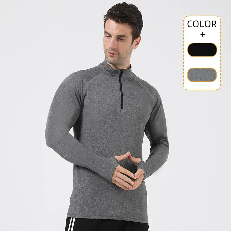 Stand collar zipper sports long sleeve t-shirts men's outdoor running training fit long sleeve sport shirt men