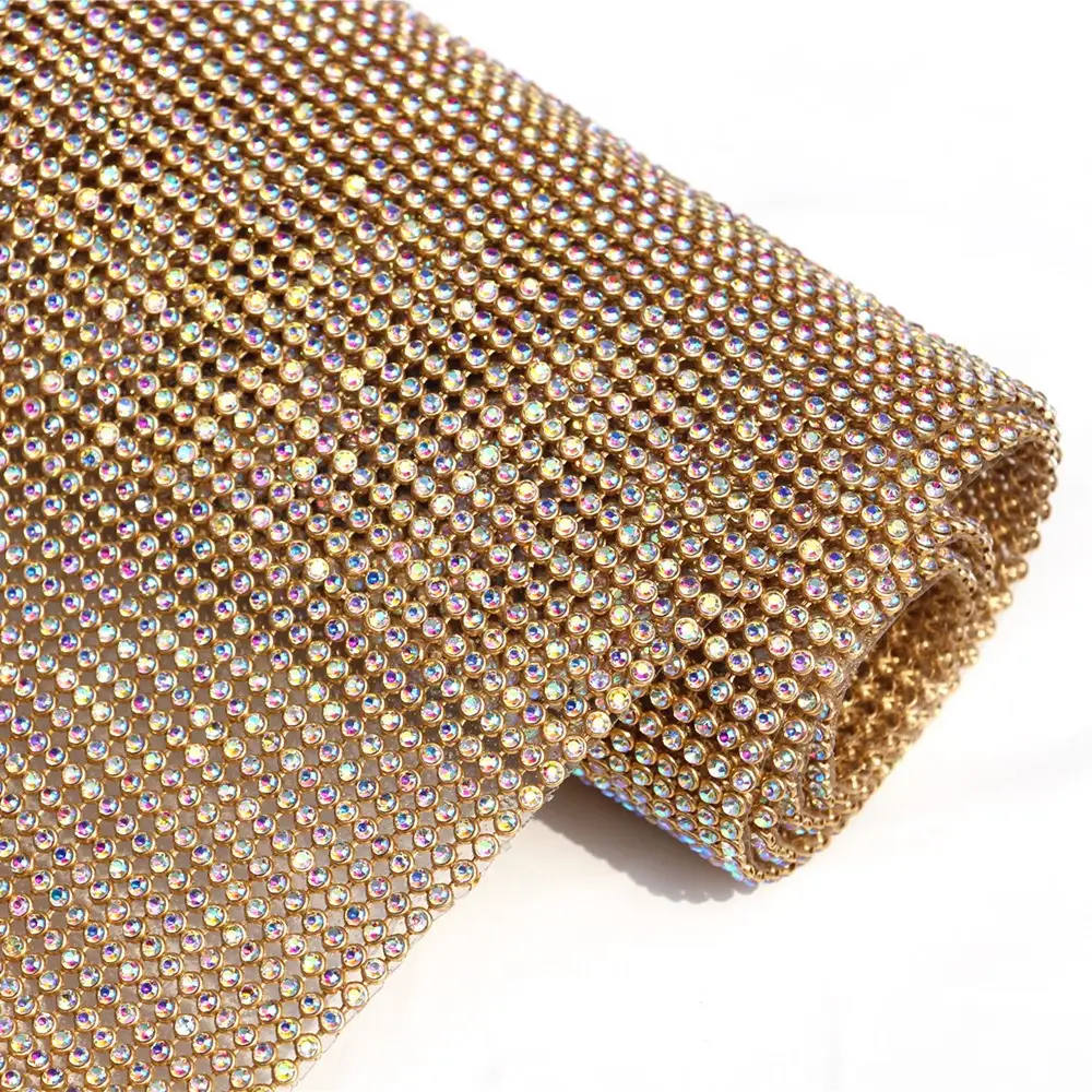 Hotfix Self Adhesive 3mm Rhinestone Metallic Mesh Customize Aluminum Crystal Mesh Roll For Bags Garment Shoes Decoration