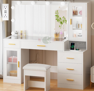 Table de toilette de 49,2 pouces avec miroir et éclairage LED, bureau de maquillage blanc avec plateau en verre, tabouret, prise de courant et <span class=keywords><strong>5</strong></span> <span class=keywords><strong>tiroirs</strong></span> pour chambre à coucher - Product Image 2