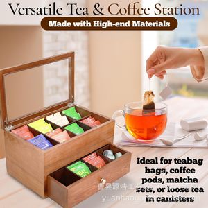 Wooden Tea <b>Storage</b> <b>Box</b> 13x7.81x7.09 Inch Double Layer With <b>Drawer</b> Compartmentalized For Tea Coffee Bags - Product Image 5