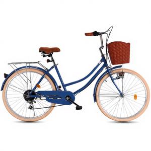 Vélo de <span class=keywords><strong>ville</strong></span> vintage 2026 de 26/28 pouces bleu foncé, <span class=keywords><strong>style</strong></span> <span class=keywords><strong>hollandais</strong></span> rétro, avec panier en osier marron et porte-bagages arrière pour <span class=keywords><strong>femme</strong></span> - Product Image 1