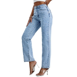 Jeans en denim personnalisés pour femmes, coupe droite, taille haute, extensibles, évasés, style bootcut, avec perles, vente en gros - Product Image 6