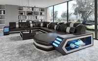 Canapé sectionnel en cuir véritable de luxe au design moderne, en forme de U, rembourré en éponge, avec éclairage LED pour salon