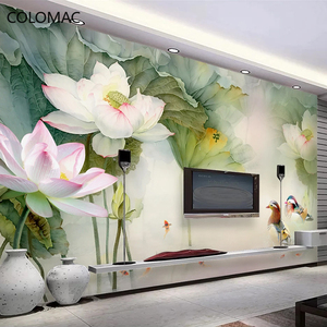 Custom Waterproof <strong>Canvas</strong> 3D <strong>Wall</strong> Mural Wallpaper Flower Duck Lotus Chinese Style Oil Painting Bedroom Living Room Peel and Stick - Product Image 1