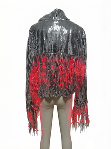 Women's Holographic <strong>Sequin</strong> <strong>Jacket</strong> with LED Light Up Fringe - <strong>Silver</strong> Iridescent Blouson Top for Rave, Festival, Stage Performance - Product Image 3