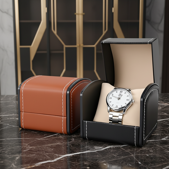 Source Factory Guangzhou PU Leather Flip Universal Watch Box Jewelry Gift Packaging Box Stamping Cross Border