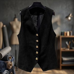 Black Women's <b>Blazer</b> Vest With Gold Buttons V-Neck Solid Color Polyester Woven Sleeveless Regular Fit Autumn Style - Product Image 3