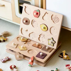 Beech wood Shapes Knob peg Geometric Shape blocks Natural Wood Puzzle board for Baby & Toddler Toys Gift