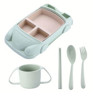 Ensemble de couverts réutilisables, sans BPA, compatibles micro-ondes, assiette en bambou, bols biodégradables pour enfants, design créatif, dessin animé, voiture - Product Image 1