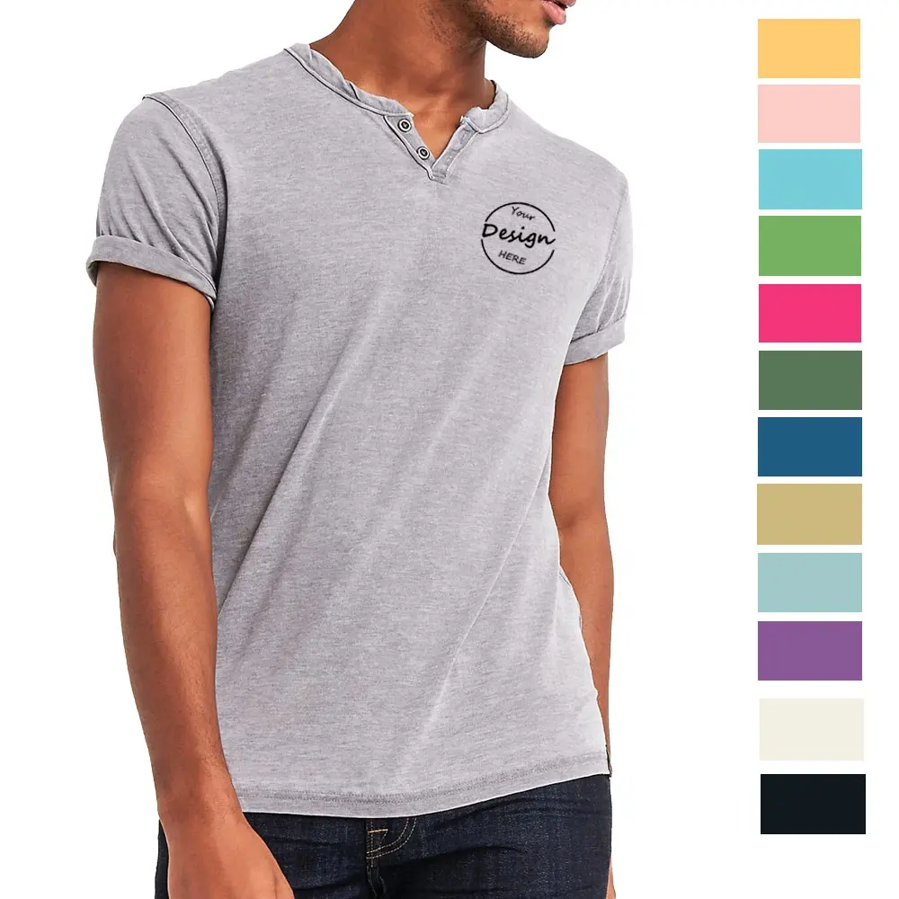 Benutzer definierte hochwertige Henley grau V-Ausschnitt T-Shirts Großhandel Säure gewaschen Vintage Baumwolle Männer Kurzarm T-Shirt für Männer