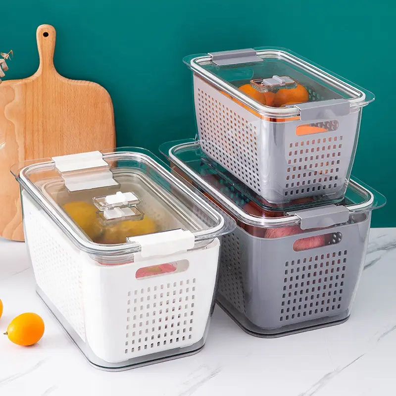 Vegetable Fruit Fresh Produce Fridge Refrigerator Fresh-keeping Storage Box Containers With Grid Strainer Drain Basket Crisper