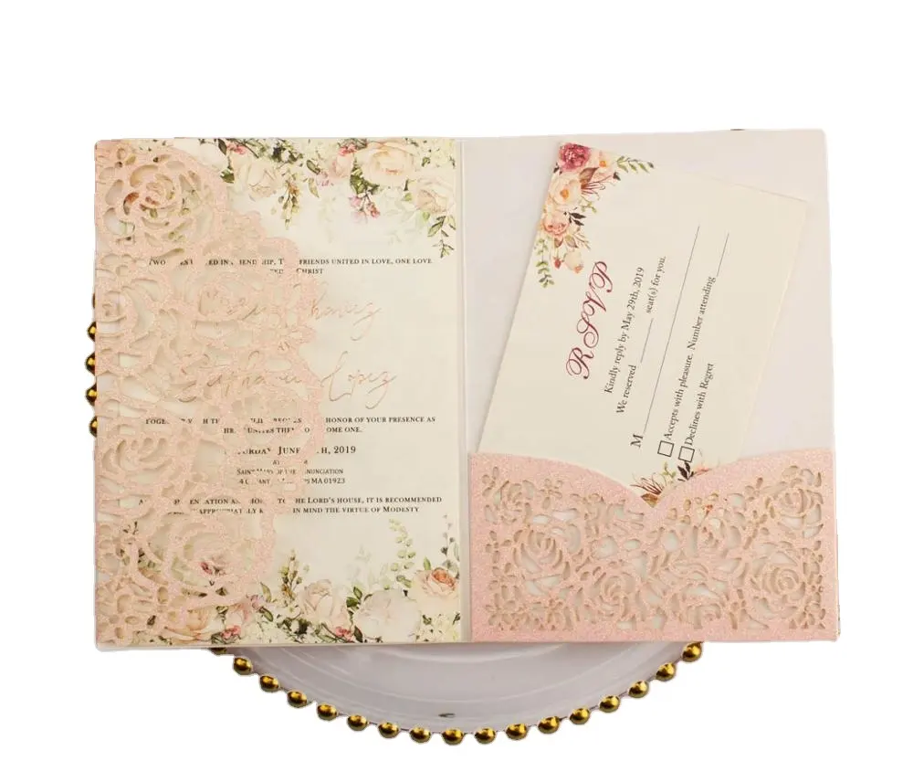 Elegant pink glitter paper pocket envelope wedding invitation card Laser Cut trifold invitations greeting gift Cards party Decor