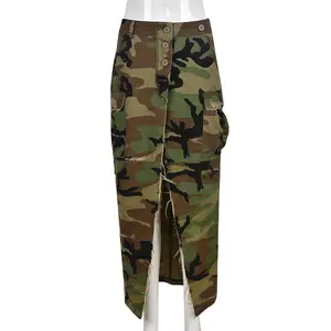 Jupe longue à taille haute pour femme, motif Camouflage, Sexy, fendue, avec poches, collection automne 2023