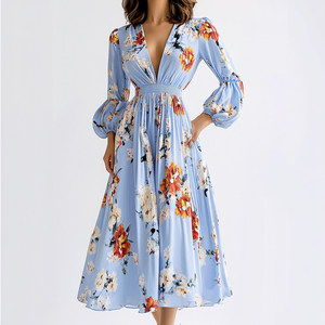 Vendita calda da donna con scollo <span class=keywords><strong>a</strong></span> V <span class=keywords><strong>a</strong></span> vita lunga maniche <span class=keywords><strong>a</strong></span> <span class=keywords><strong>palloncino</strong></span> <span class=keywords><strong>a</strong></span> vita alta <span class=keywords><strong>abiti</strong></span> stampati <span class=keywords><strong>a</strong></span> fiori donna <span class=keywords><strong>taglie</strong></span> <span class=keywords><strong>forti</strong></span> abito Casual - Product Image 5