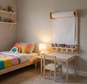 Tableau de dessin mural en bois Montessori pour enfants, gain de place, avec étagère de rangement et distributeur de rouleaux de papier - Product Image 4
