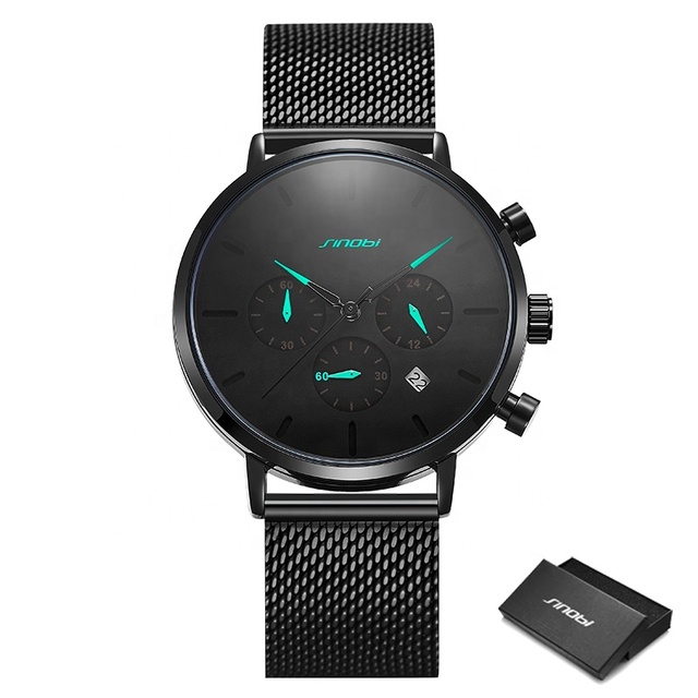 SINOBI Fashion Casual Quartz Calendar High Quality Watch Manufacturers Black Mens Watch Stainless Steel Branded Watches