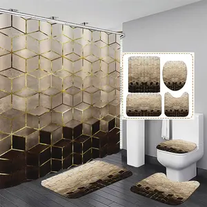 Custom Luxury 4Pcs Brown Printed Golden Cubic Lines Geometric Polyester Shower Curtain Set for Bathroom Decor with Mats