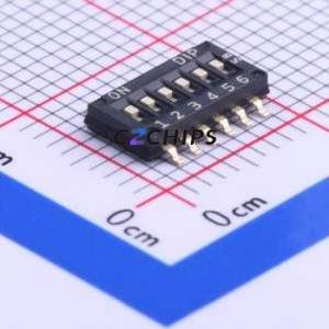 DHN-06-V-T/R DIP Switch SMD-12P,4.5x8.9mm Switch Flat Toggle, Groove Type Single Pole Single Throw 6 1.27mm - Product Image 1