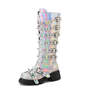 Metallic Upper Rivets Lace up Shoes Low Square Heels Long <b>Boots</b> Women's Metal Buckles Knee High Flat Booties - Product Image 5