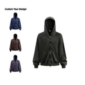 Sweat-shirt à capuche zippé vintage délavé et usé, fournisseur de vêtements de rue, sweat-shirt en molleton épais pour homme, lavage à l'acide, de haute qualité, surdimensionné - Product Image 1