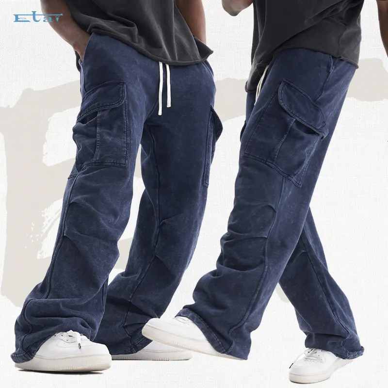new luxury washed wide legs folds cargo trousers custom cotton vintage washed baggy men's pants