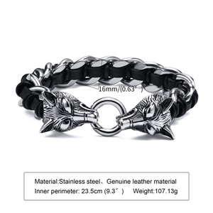 HipHop Wolf Head Bracelet Black Oil Grease Stainless Steel Cuban Chain Leather Bracelet <b>for</b> <b>Men</b> - Product Image 3