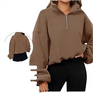 Sweat-shirt oversize en velours côtelé pour femme, col montant zippé, épaules tombantes, manches longues, couleur unie, haut décontracté pour l'été et l'automne - Product Image 2
