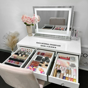 Modern White LED Vanity <strong>Desk</strong> <strong>Set</strong> with Studio Mirror, Large Glass Top Makeup Table with 2 Side Shelves &amp; 7 Drawers - Product Image 4
