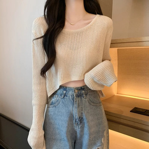 Summer Thin New Hollow Ice Silk Long-sleeved Knitted Sweater Women's Short Outer Pullover <b>Sunscreen</b> Blouse Top - Product Image 1