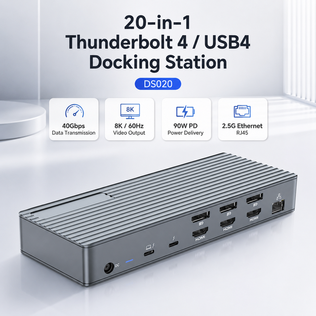 20 in 1 Thunderbolt 4 Docking Station Dual HDMI DP 4K DisplayLink 2.5G Ethernet 90W PD USB C Hub for Laptop Workstation DS020