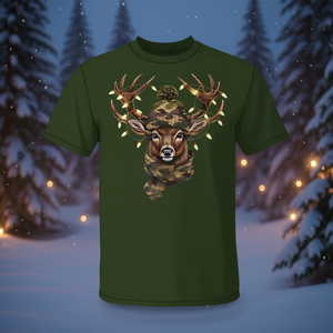 T-shirt de Noël unisexe pour adulte à manches courtes et col rond avec impression numérique motif camouflage rennes et cerfs - Product Image 3