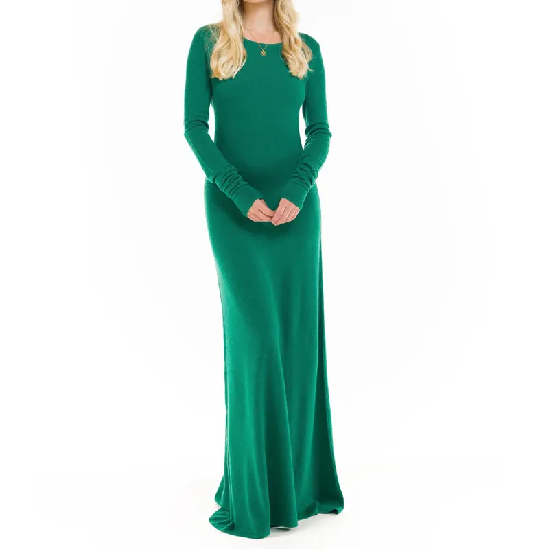 2024 ऊनी या कश्मीरी महिलाओं के बुना हुआ कपड़ा हरा कश्मीरी घास बुना हुआ मैक्सी ड्रेस लंबी आस्तीन कश्मीरी