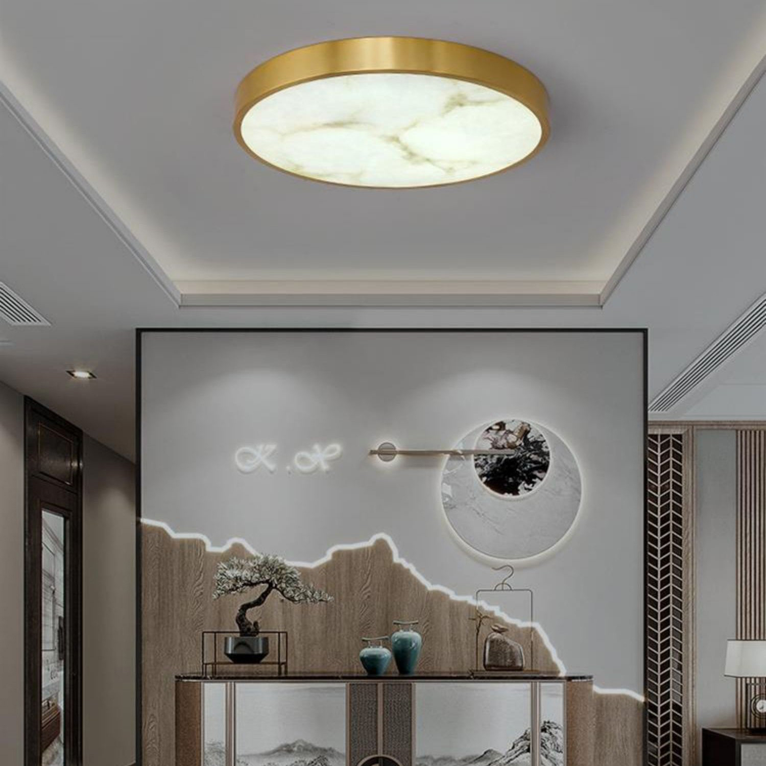 Modern LED Ceiling Light for Living Room Small Iron Lamp with Stone Shade Antique Brass 3500K Warm White