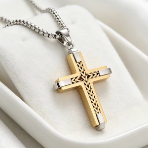 Collar con Colgante de Cruz con Textura Trenzada, en Oro, Plata y Negro, de Acero Inoxidable, Impermeable, Estilo Hip Hop, Joyería Religiosa Cristiana - Product Image 4