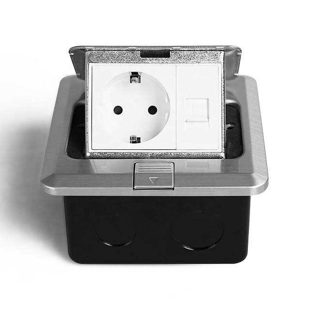 Recessed Floor/Table Power & Back Box: IP44 Waterproof Schuko Socket+ RJ45 Network Socket(CAT6), 15A 250V Stainless Steel Lid