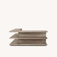 Console d'entrée scandinave en chêne massif à niveaux superposés, design asymétrique en L, étagères ouvertes, base solide, personnalisable OEM/ODM