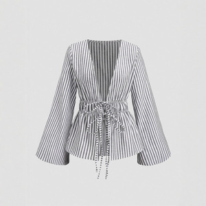 Chemise élégante pour femme TP5, haut à col en V profond, manches bouffantes, rayée, à nouer devant, en popeline tissée, style vintage pour le bureau/le quotidien, été - Product Image 3