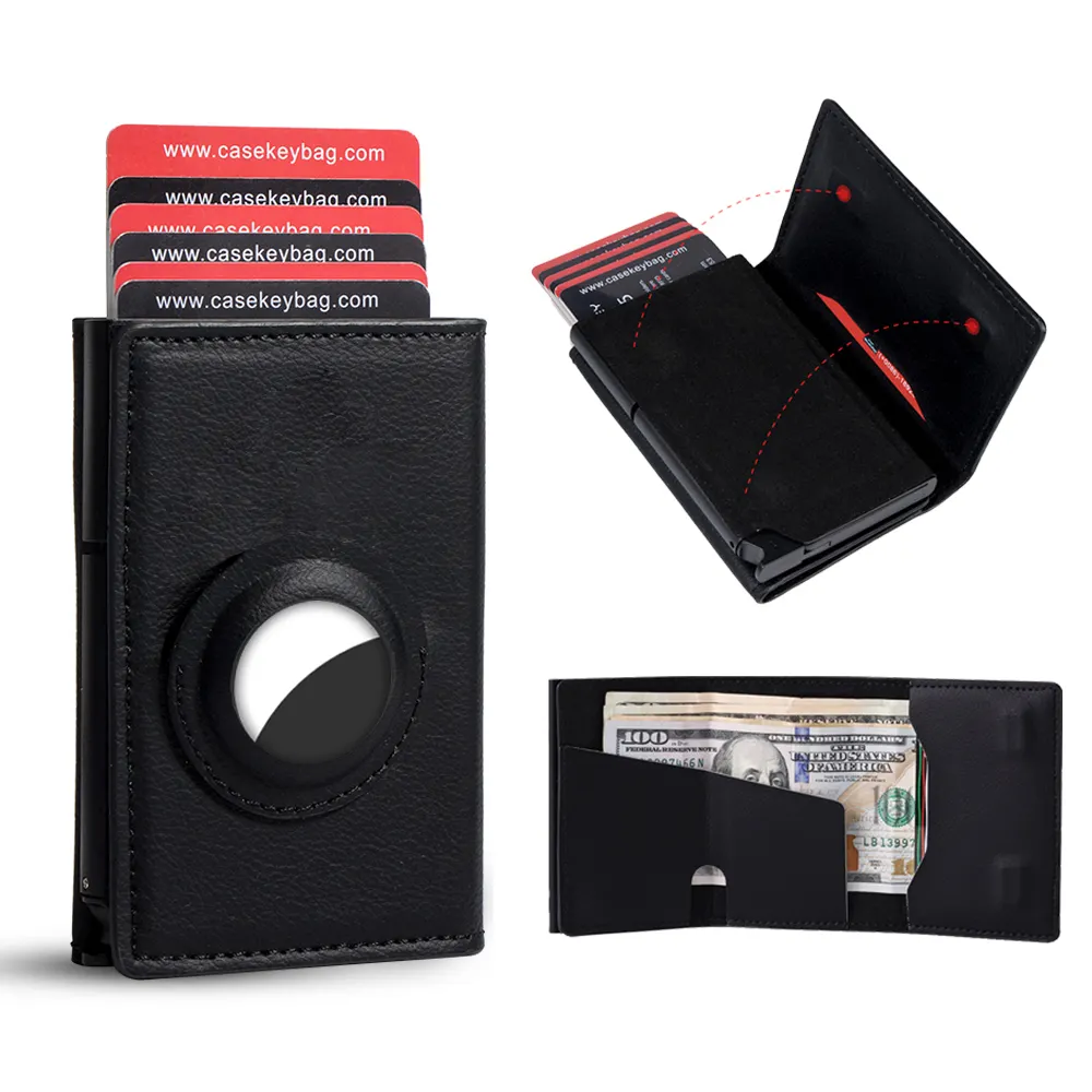 CASEKEY Capa de couro genuíno minimalista e auto-ejetável pop-up para cartão de crédito com bloqueio de RFID e GPS inteligente porta-carteira para homens