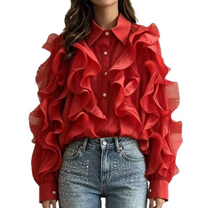 Chemisier <span class=keywords><strong>rose</strong></span> à volants style romantique français pour femme, cardigan ample à manches longues de style coréen, haut haut de gamme pour le printemps - Product Image 5