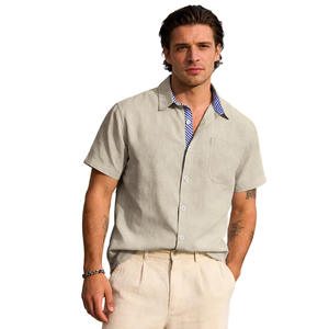 Chemise d'été pour homme en lin et polyester tissé, impression personnalisée, poche, manches courtes, col rabattu, boutonnée, style décontracté américain - Product Image 1