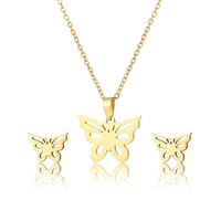 Mode papillon collier boucle d'oreille ensemble papillon collier chaîne plaqué or en acier inoxydable 2 pièces ensemble de bijoux transfrontalier Source